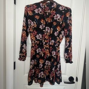 Cotton On Black Long-Sleeve Floral Tie-Neck Dress with Rust Pink Blooms Size S